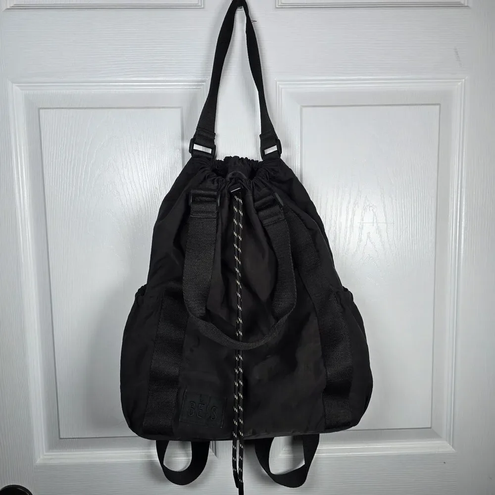 Beis The Sport Tote Black Travel Drawstring Backpack Adjustable Straps